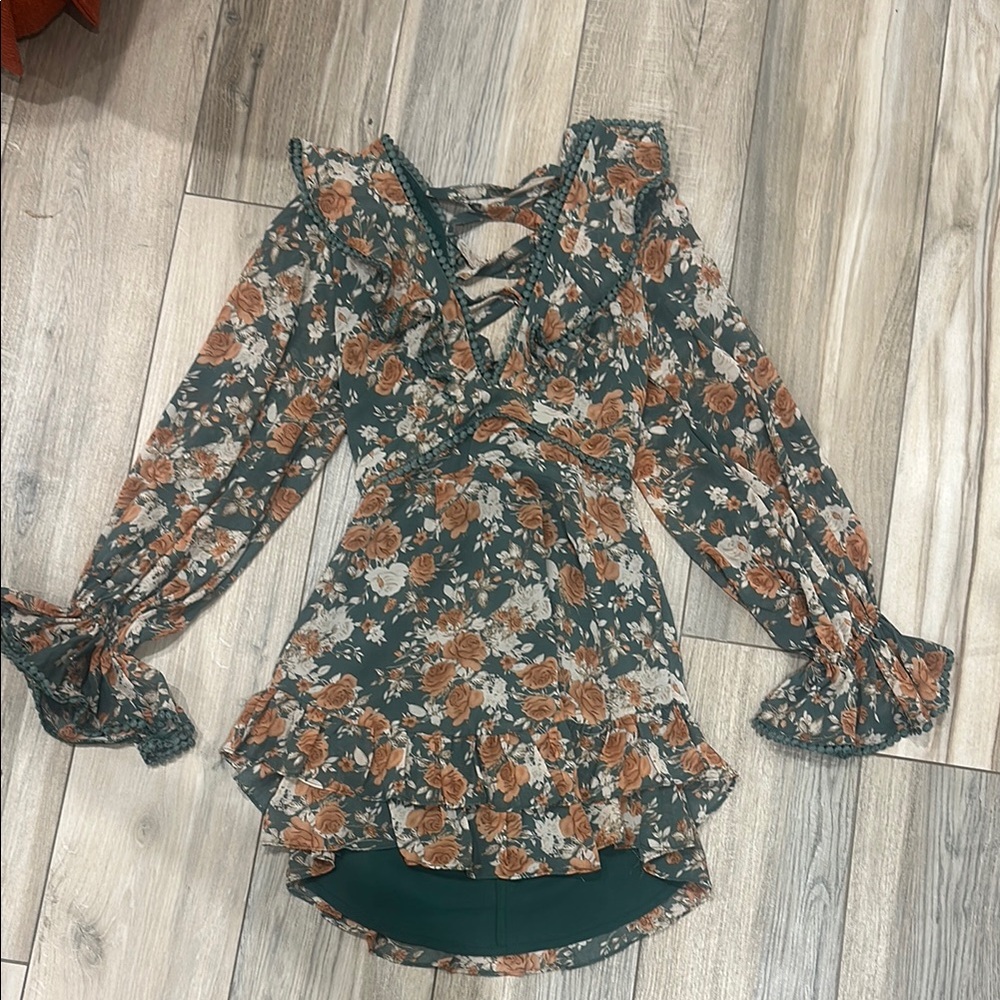 Floral Ruffle dress - Green and Brown
